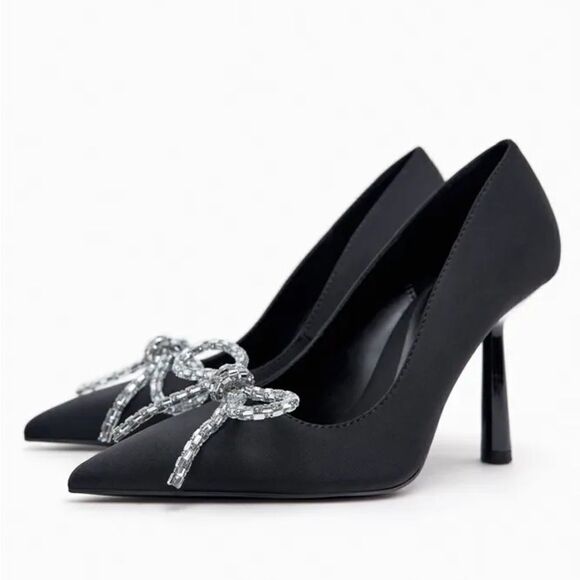 ZARA EMBELLISHED BOW HEELED SHOES BLACK - Picture 7 of 11